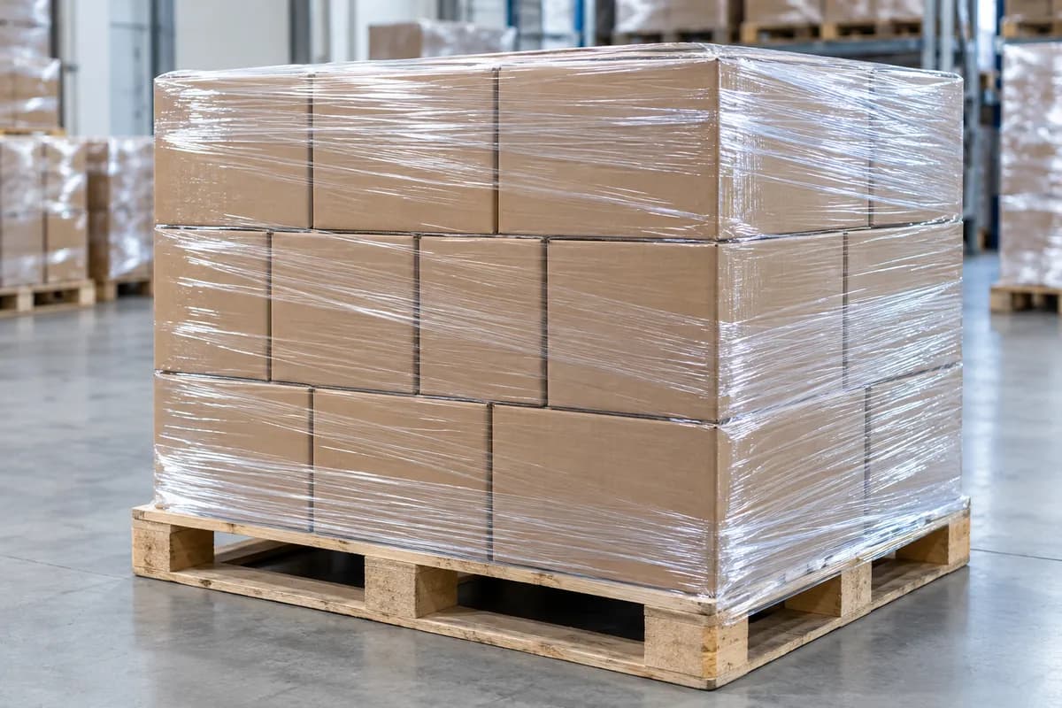 Illustrative pallet of cartons wrapped in clear stretch film